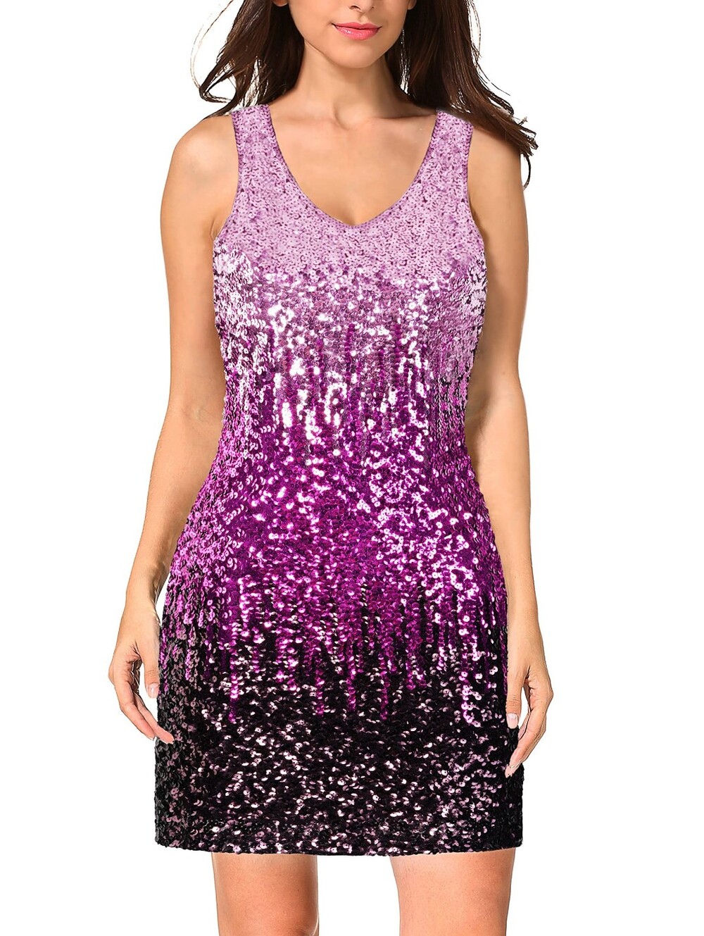Womens Sleeveless Purple Ombre Sequin Dress Date Night Sexy Sparkle Glitter, XL